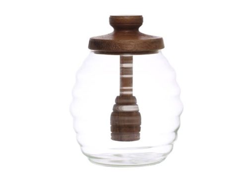Storied Home 4 Inches Round 14-Ounce Glass Honey Jar with Acacia Wood Lid and Attached Honey Dipper for Kitchen, Natural