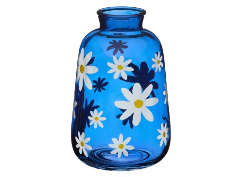 Summer Blue Daisy Print Tall Glass Vase