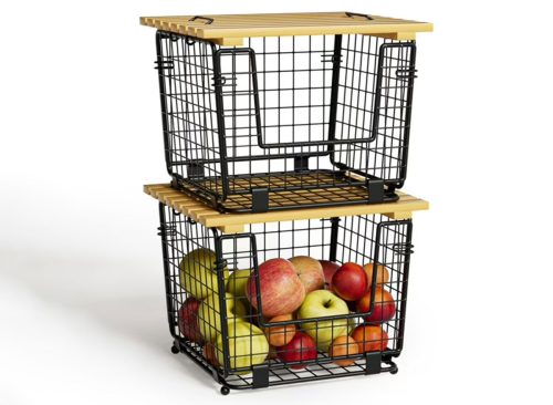 TINANA Stackable Fruit Baskets with Bamboo Top: 2 Pack Pantry Organizer for Kitchen Counter, Storage Wire Organizing Basket for Fruit, Vegetable, Bread- Black