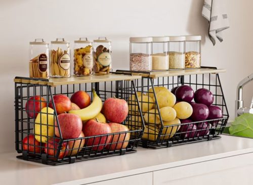TINANA Stackable Fruit Baskets with Lid, 3 Pack Hanging Wire Fruit Basket for Kitchen Counter, Pantry Organizer for Fruits, Potatoes, Onions, Black