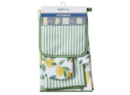 True Living 4 Piece Kitchen Set, Microfiber Towel, Oven Mitt, Pot Holder & Dishcloth, 4 Assorted Designs