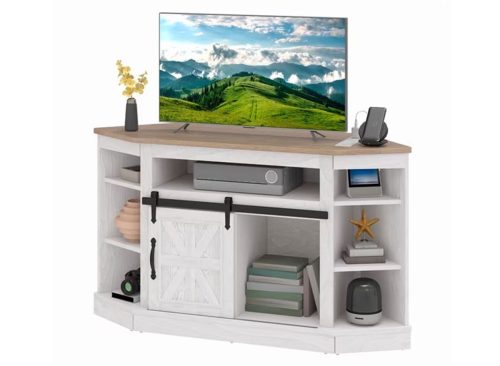 Uforic Farmhouse Corner TV Stand for 50" TV, Entertainment Center with Sliding Barn Door, Gray Wash