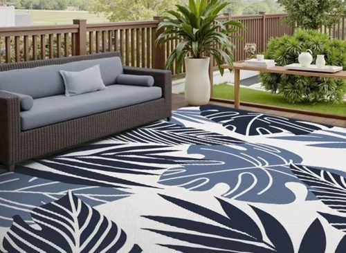 VUNATE Outdoor Rug Carpet 5'x8' Waterproof Reversible Patio Rug Portable Indoor Outdoor Rug Plastic Straw Rug for Beach RV Camping Garden Picnic Deck Backyard Tropical Porch Decor Beige and Blue