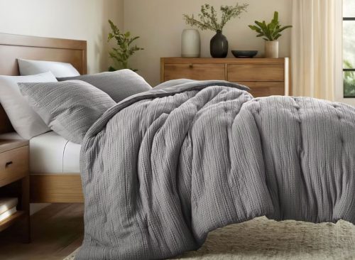 Waffle Textured Comforter Set All Season Down-Alternative Ultra Soft Bedding - Becky Cameron, Fog, King/California King