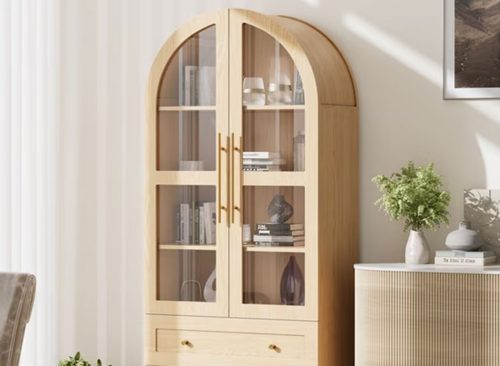 Walsunny 70"Tall Arched Kitchen Pantry,Storage Cabinet with Glass Doors and Adjustable Shelves,Freestanding Kitchen Hutch Cabinet for Dining Room,Living Room,Reading Room,Nature