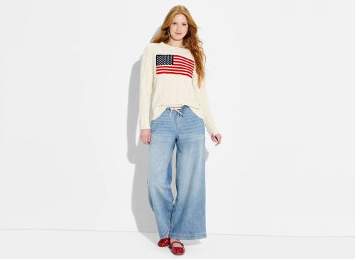 Women's Crewneck American Flag Pullover Sweater - Wild Fable™ Dark Off-White Flags M