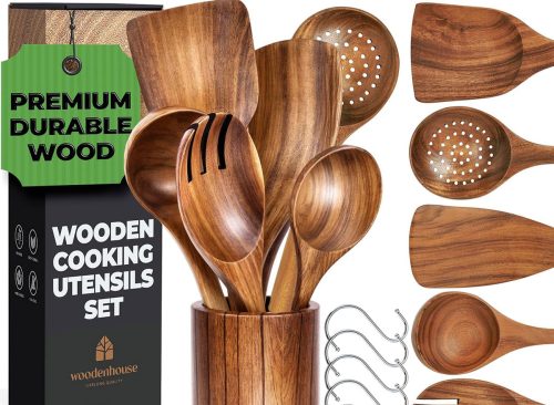 Wooden Utensil Set 8 Pcs – Sturdy & Easy to Clean, Natural Teak Wooden Spoons for Cooking – Non-Scratch Cooking Utensils with Spatula, Turner, Ladle, Spoons, Skimmer, Holder, Spoon Rest & 6 Hooks