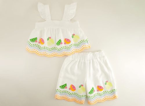 Woven Embroidered Fruit White Top and Capri Set