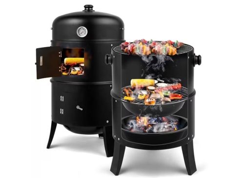YDLW 3-in-1 Vertical Charcoal Smoker Portable BBQ Smoker Grill with Detachable 2 Layer,Black