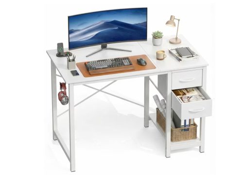 edx Computer Desk with 2 Drawers 40 Inch PC Table Study Writing Desk with Storage Shelf Headphone Hook, Simple Style Small Desk for Home, White
