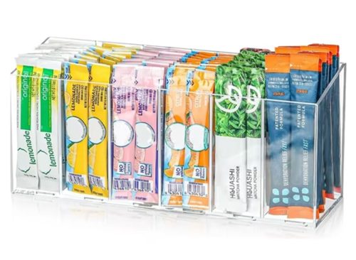 1 Pack Drink Packet Organizer Water Drink Packet Holder with Removable Compartment 6 Adjustable Divider for Kitchen Office Storage Space Saving Flavor Packet Storage Container Drink Bag Storage Box