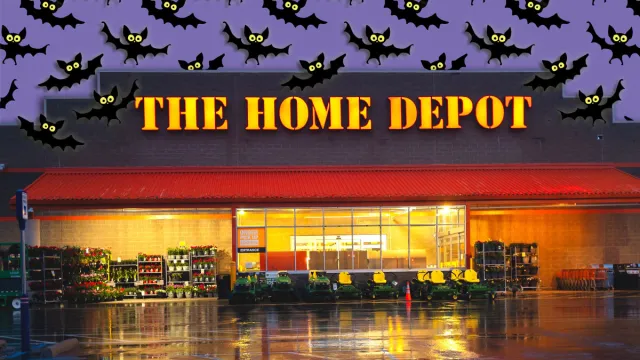 11 Best New Home Depot Halloween Finds Already Hitting Shelves. New Hartford, New York - May 23, 2025: Night Wide View of The Home Depot Building Exterior