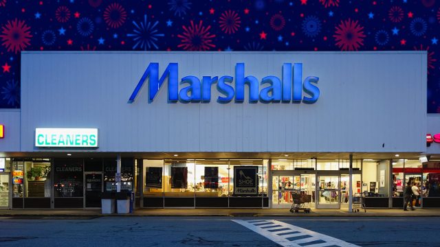 11 Best New Marshalls Finds Under $15 Hitting Shelves in July. Portsmouth, USA 09 26 2012: Outside building of Marshalls, an American off-price department store for clothes, apparel and homewares owned by TJX Companies at night with logo neon sign and parking lot