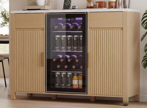53" Fluted Coffee Bar, Fits 19.7" Mini Fridge, Buffet Sideboard with Wine Rack and Storage for Dining Room