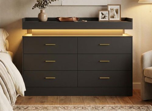 6 Drawer Dresser, Chest of Drawers for Closet with Floating LED Lights & Charging Station, Drawer Cabinet for Bedroom, Living Room, 47.24"w pink