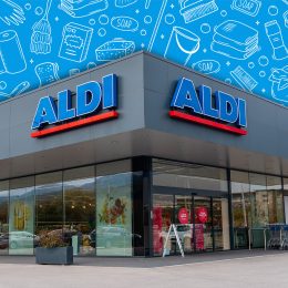 Durango, Bizkaia, Spain: November 2021: Aldi Supermarket, gray exterior facade with logo