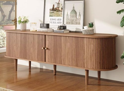 AMERLIFE 70" Fluted TV Stand with Storage, Mid Century Media Console for TVs up to 80", Walnut
