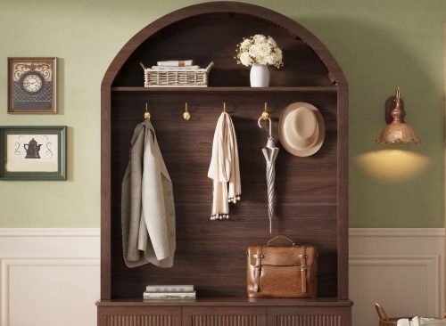 All-in-1 Arched Hall Tree Mudroom Coat Rack Organizer Entryway Bench Shoe Storage Cabinet with Hooks & Adjustable Shelves, Walnut - ModernLuxe