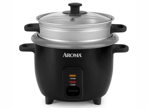 Aroma 6 Cup Rice Cooker with Outer Steam Tray Black