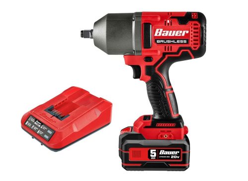 BAUER 20V Brushless Cordless, 1/2 in. High-Torque Impact Wrench Kit with 5 Ah Battery and Charger