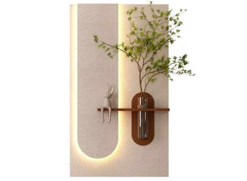 Beige 3D LED Sandstone Wall Architectural Decor with Glass Vase and Rabbit Statue by PVC