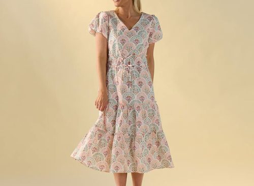 Block Print Puff Sleeve Midi Dress