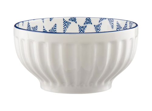 Blue and White Patterned Ceramic Mixing Bowl, 8.25 in