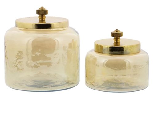Cosmoliving by Cosmopolitan Small Round Decorative Gold Smoked Glass Jars with Bronze Metal Lids