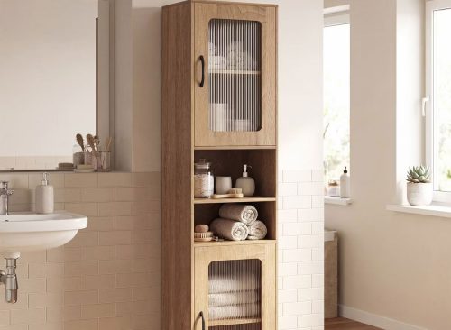 Costway Bathroom Cabinet, Slim Floor Storage Cabinet with 2 Fluted Doors,4 Rubber Feet Natural