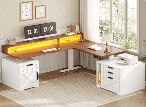 Farmhouse L Shaped Standing Desk with 4 Drawers and Storage Cabinet