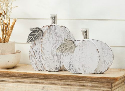 Farmhouse White Wash Wooden Pumpkin Set 2Piece 7 and 9 inches Rustic Autumn Fall Harvest Home Decor