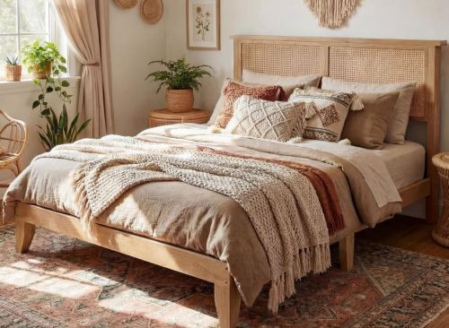 Garvee Full Rattan Bed Frame with Natural Rattan Headboard, Full Size Platform Bed Frame with LED Lights, Noise-Free, No Box Spring Needed, Natural