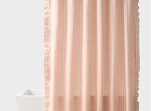 Gingham Ruffle Dorm Shower Curtain Pink/Ivory - Room Essentials™