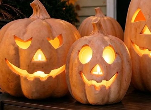 Halloween Pumpkin Decorations Resin Pumpkin Jack O' Lantern with Flameless Candle