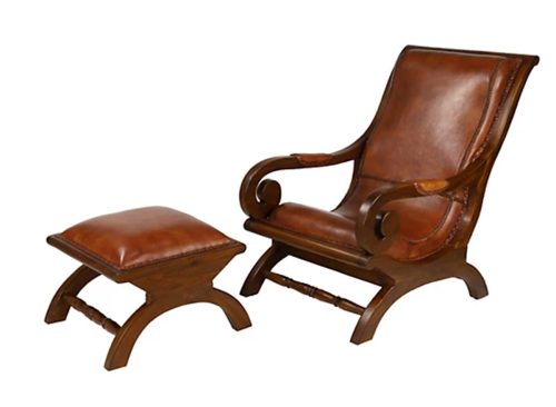 Harper & Willow Leather and Teak Traditional Accent Chair and Ottoman Set