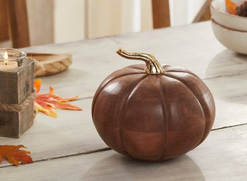 Heirloom Rustic Wooden Pumpkin Decor Chestnut Solid Wood Handcrafted Fall Autumn Harvest Tabletop Accent