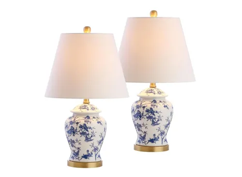 JONATHAN Y 22" Blue/White Ceramic Table Lamp, French Country Chinoiserie Ginger Jar LED Bedside Lamp for Living Room Bedroom, White Linen Shade (JYL3005A-SET2)