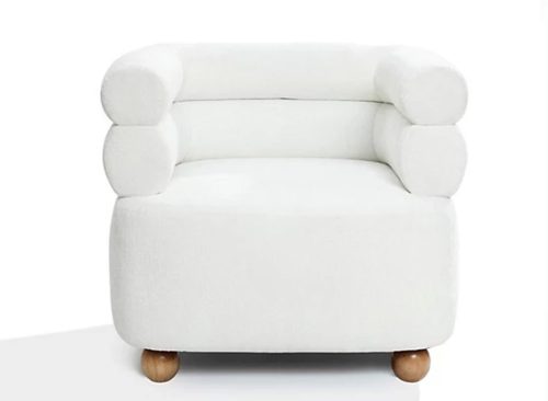 LuxenHome Modern Upholstered Ivory Barrel Accent Chair with Wood Ball Legs