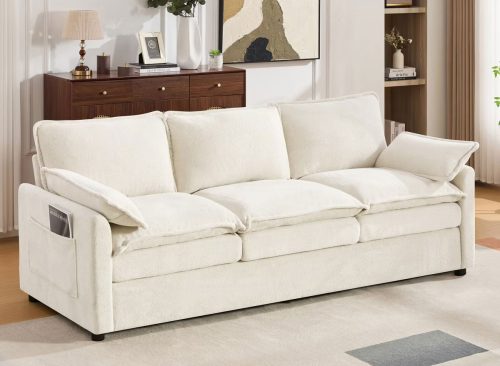 ModernLuxe Upholstered Sofa Couch, Sofa with Double-Layer Cushions & Side Storage Pockets, 3-Seater Sofa, Beige