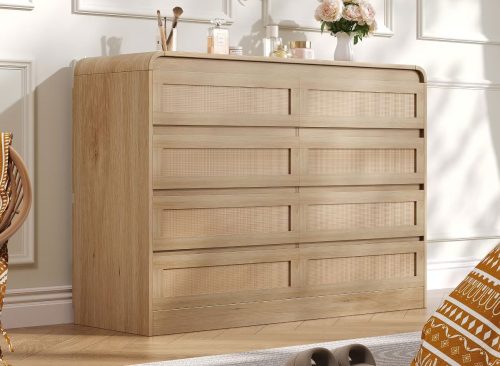 Natural Rattan 8-Drawer Dresser, Wood Chest of Drawers with Woven Rattan Drawer Front, Wide Storage Dresser Cabinet for Bedroom