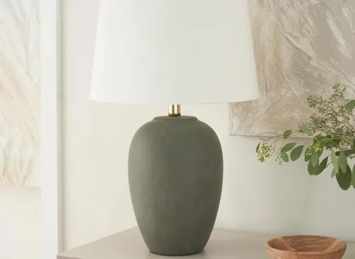 Nourison Home 23" Olive Green Ceramic Pot Table Lamp for Bedroom, Living Room, Dining Office, with White Tapered Drum Shade