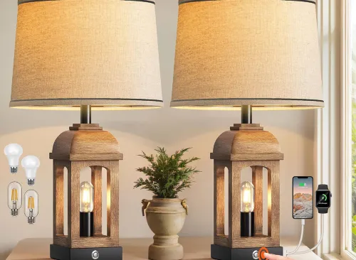 QiMH Table Lamp for Living Room, Farmhouse Lamps Set of 2 with USB A+C and Nightlight, 26" Rustic Bedside Lamps with 3-Way Dimmable Touch Control, Nightstand Lamp for Bedroom Decor, Wood Grain