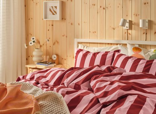 SLÅNHÖSTMAL Duvet cover and pillowcase(s), light pink dark red/stripe