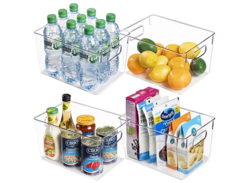Sindcom 4 Pack Clear Plastic Storage Bins with Handles Pantry Organizer Bins for Refrigerator Freezer Cabinet Kitchen Countertops Large