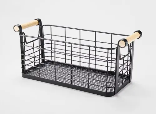 Small Rectangular Wire Natural Wood Handles Basket Black