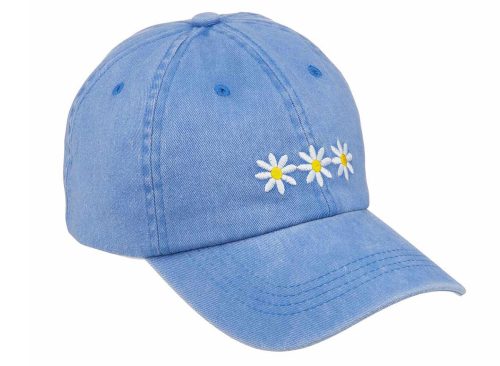 Summer Floral Embroidered Girls Blue Denim Wash Cap