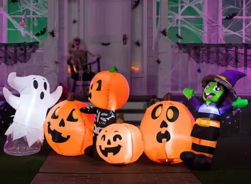 Syncfun 8 FT Long Horizontal Inflatable Pumpkin & Ghost Decoration with LEDs