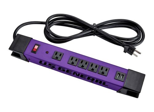 U.S. GENERAL 5-Outlet Magnetic Power Strip with Metal Housing and 2 USB Ports, Purple