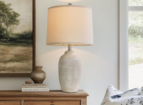 USumkky 24 inch Vintage Ceramic Table Lamp with 5FT Cord - Single Farmhouse Rustic Bedside Lamp with Natural Textured Finish