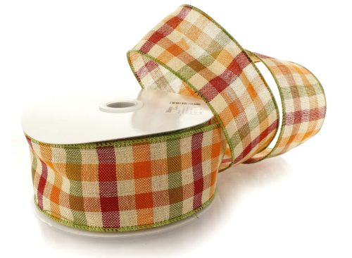 Wired Ribbon Fall Gingham Plaid Orange/Green/Maroon 10 Yards